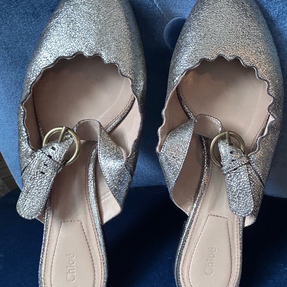 Chloe Gold Textured  Mules in Size 38 EU  7 US with adjustable buckles